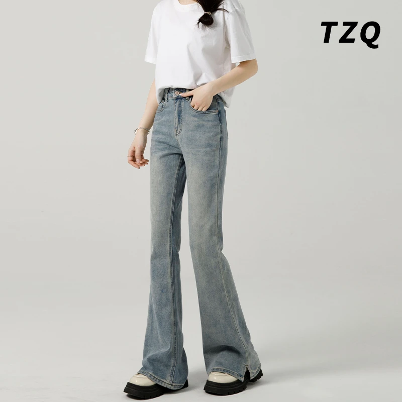 浅蓝色开叉微喇牛仔裤女2025新款夏季薄款高腰修身喇叭马蹄拖地裤