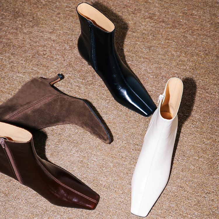 理想矿石设计师原创时髦气质极简牛皮方头小猫跟高跟细跟短靴
