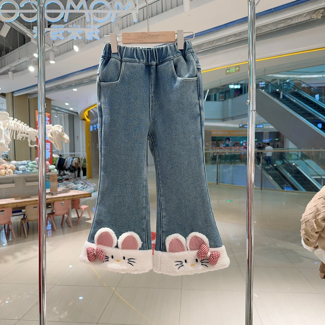 MOMOCO冬季女童加绒可爱立体卷边牛仔裤75880350002