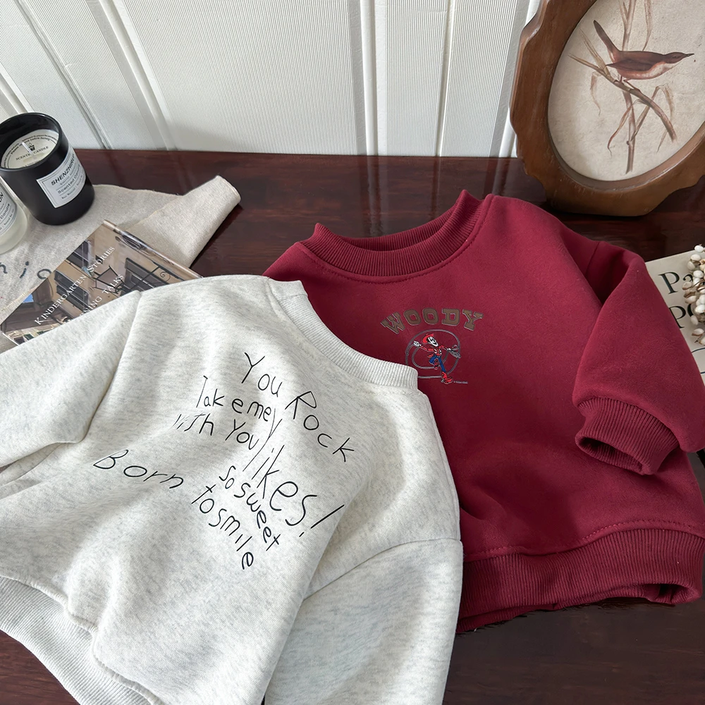 2024秋冬新款加绒加厚字母长袖儿童卫衣休闲宽松帅气冬季加绒时尚