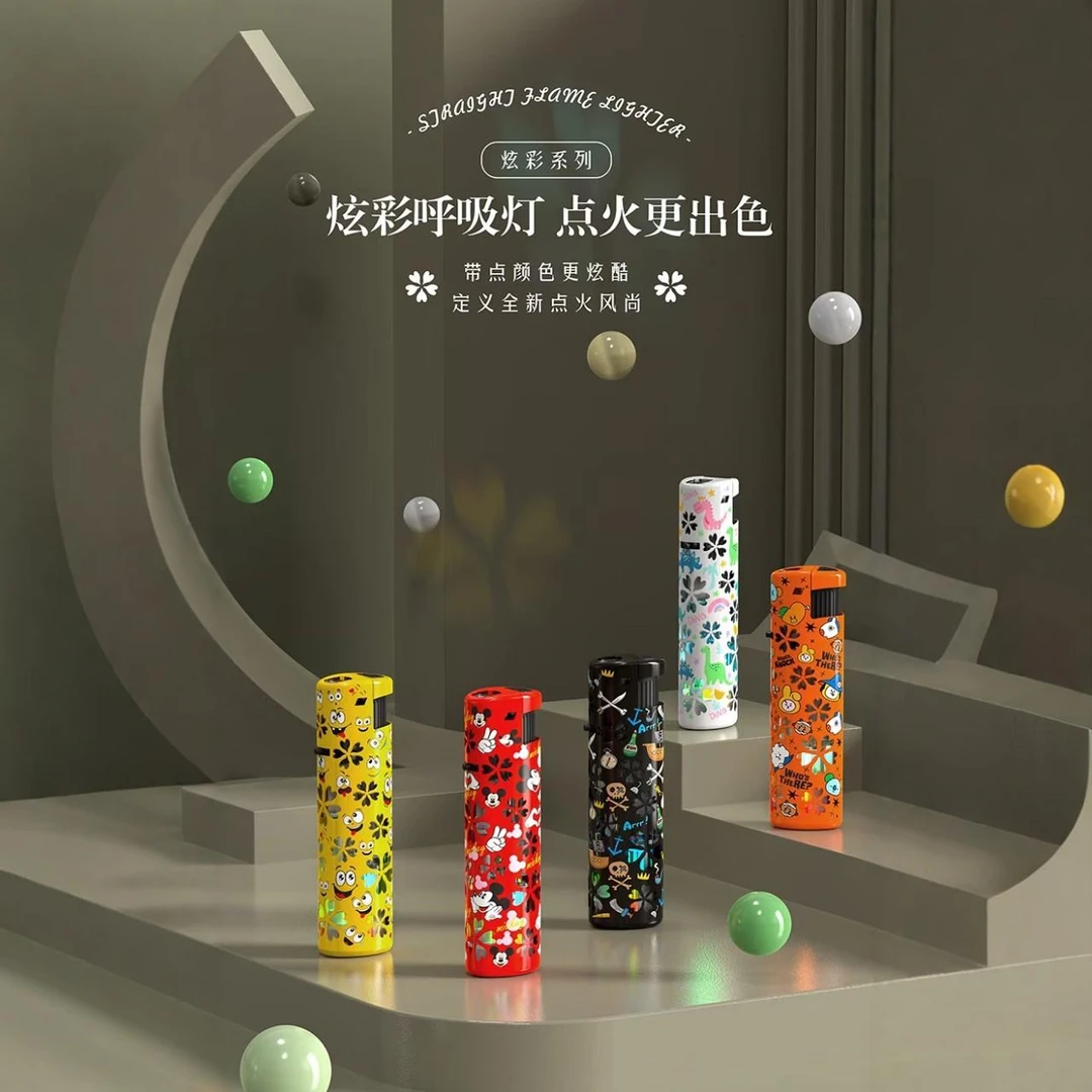 5支装闪灯炫彩蓝焰直冲打火机时尚潮流金属铁壳可充气送男友创意