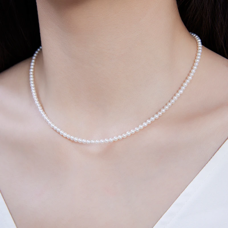 天然淡水珍珠s925银3.0-3.5mm近圆强光小米珠项链40+3cm