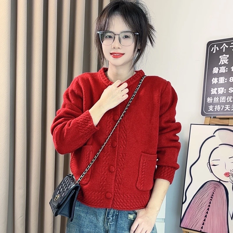 小个子加厚口袋毛衣开衫女秋冬短款百搭宽松针织外套