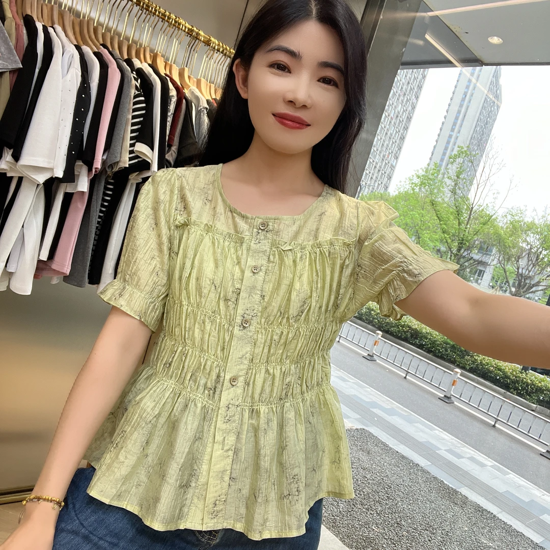 圆领褶皱单排扣短袖扎染衬衫显瘦短袖上衣241356