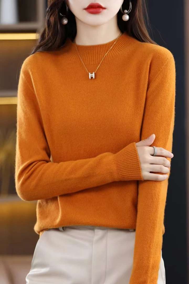 新款女士圆领羊毛衫宽松修身纯色显瘦时尚百搭网红长袖针织打底衫