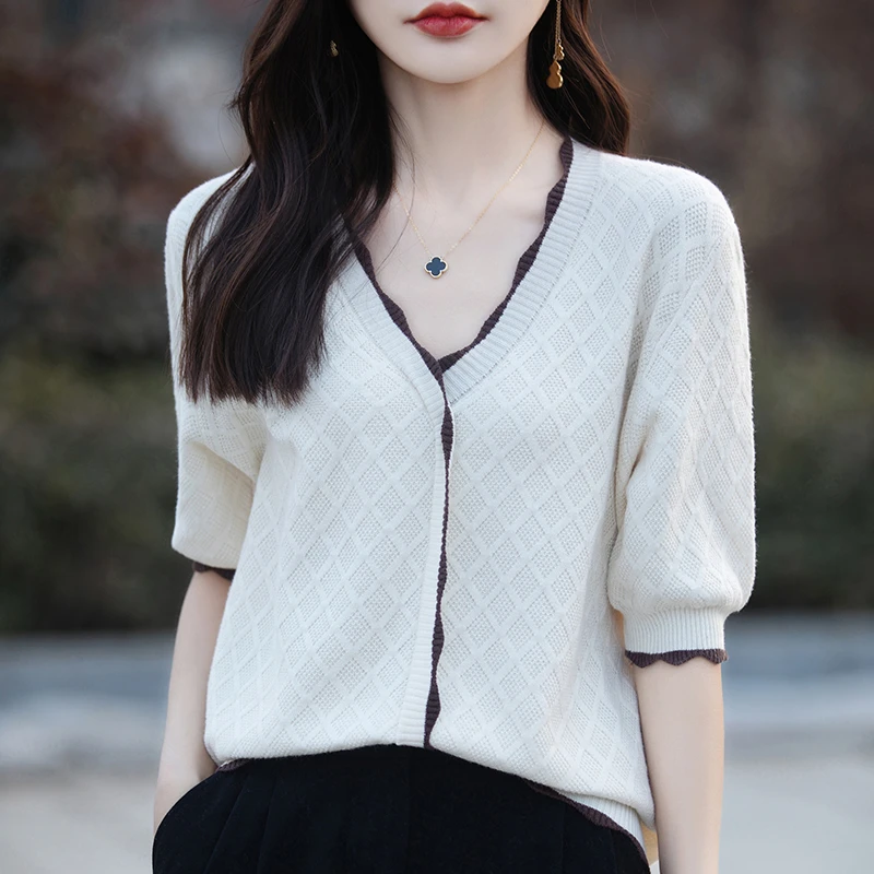 新款女士短袖针织衫套头V领显瘦气质洋气时尚百搭薄款上衣打底衫