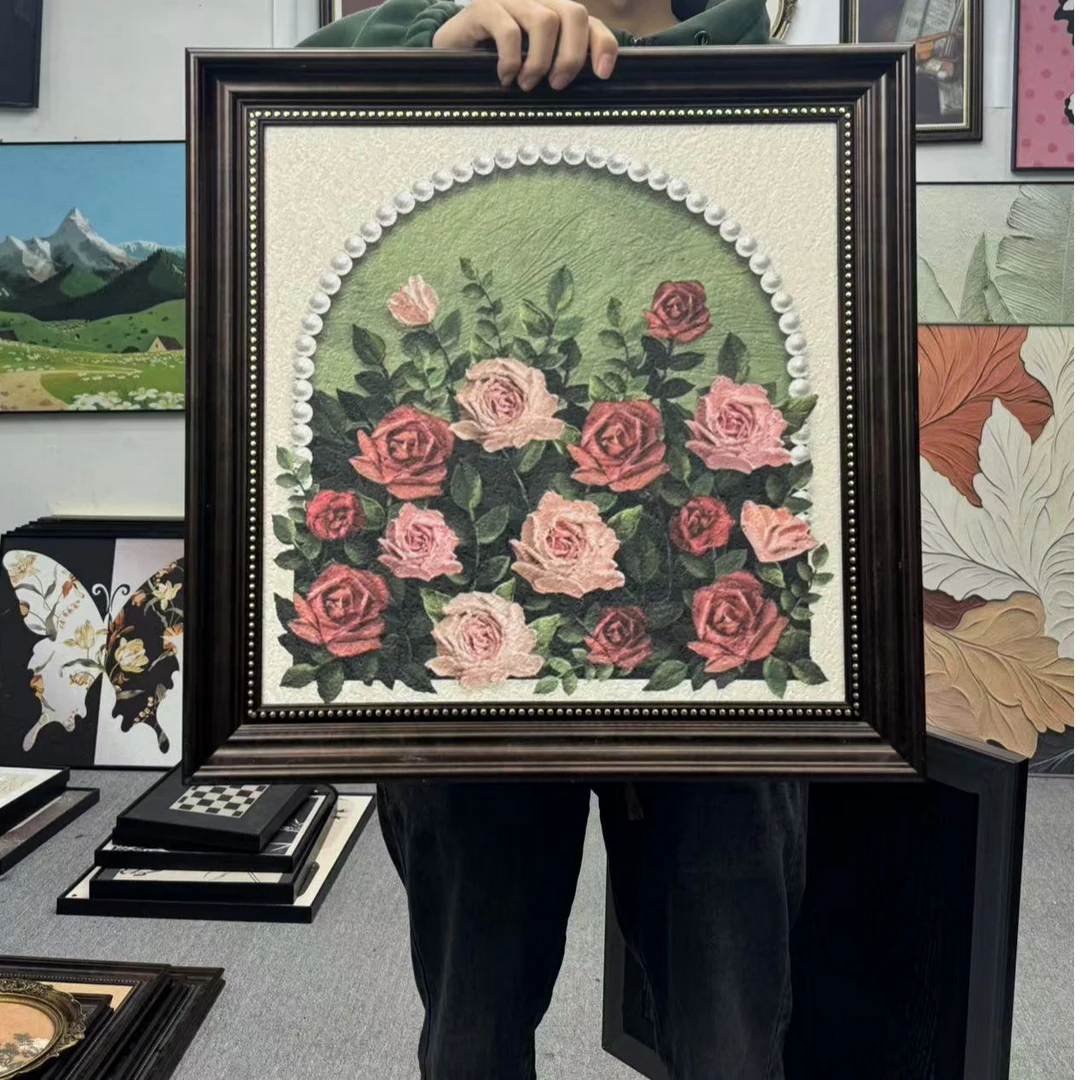 法式复古主卧室床头装饰画玫瑰花卉房间壁画海景中古风挂画高5050