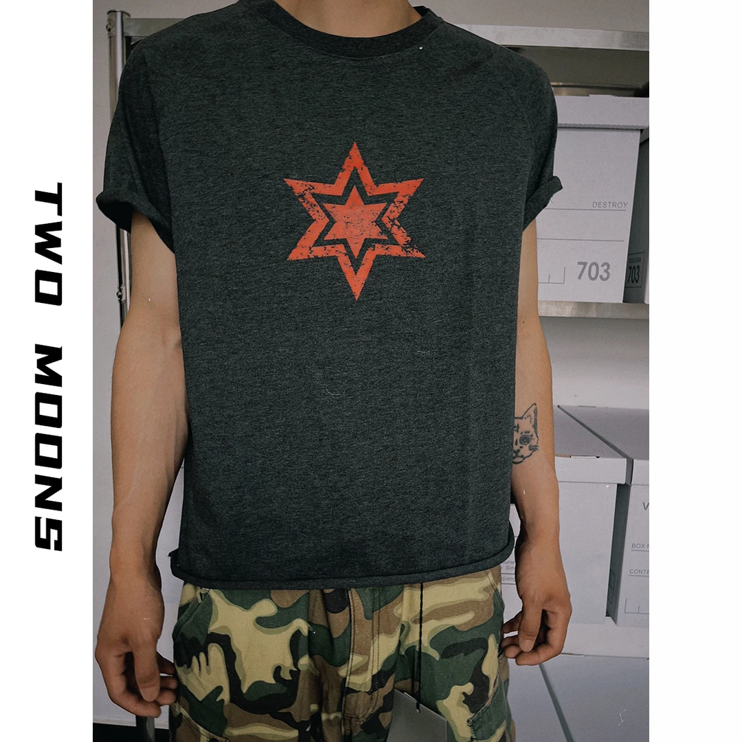 两个月亮 "星星"重磅美式水洗做旧t恤复古cleanfit百搭基础款短袖