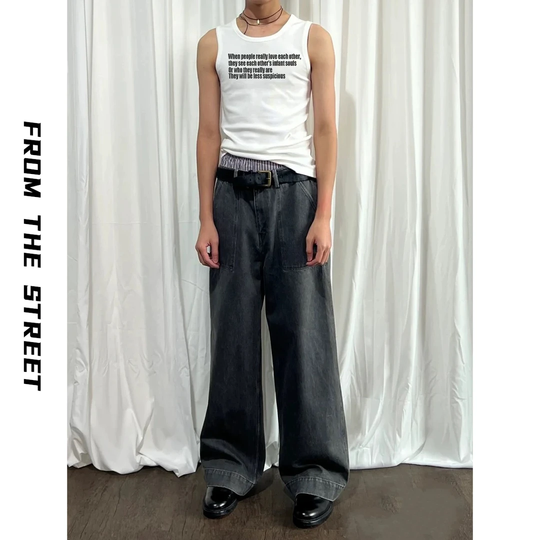 来自街头弹幕标语“相爱的人  不该猜忌”弹力罗纹背心黑白情侣潮