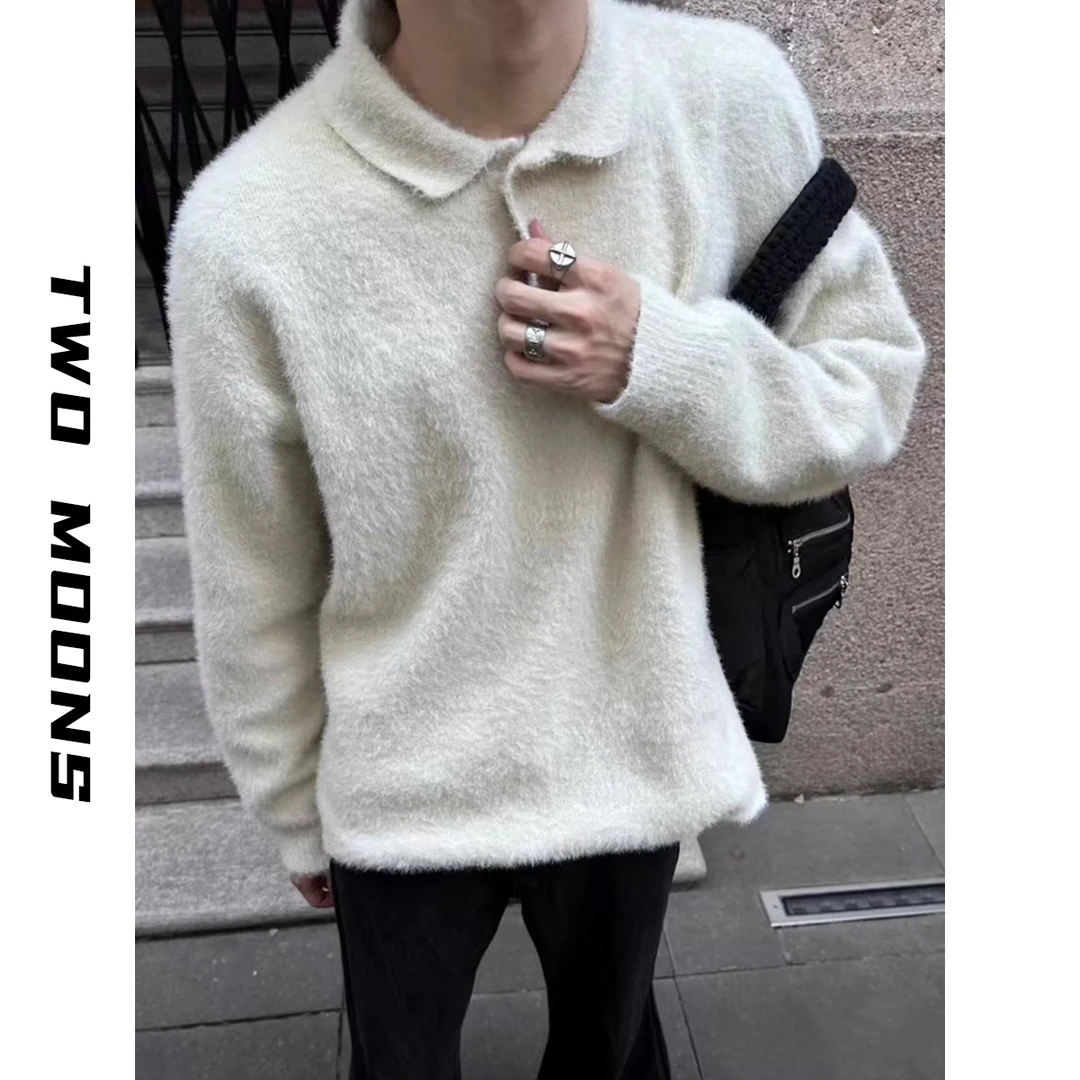 两个月亮奶白色重磅加厚水貂毛Polo领纽扣毛衣长袖外套超软保暖男