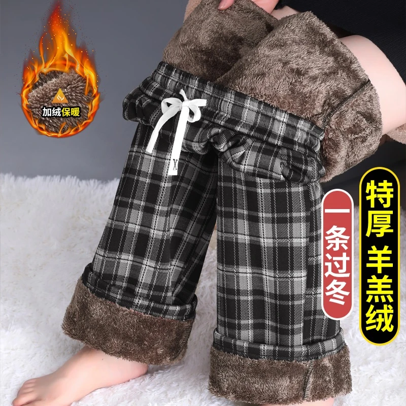 加绒格子阔腿裤女秋冬加厚保暖棉裤休闲运动直筒裤特厚羊羔绒裤子