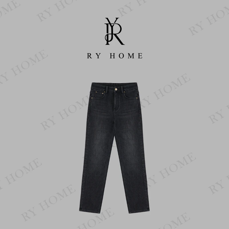 【容雨RYHOME】冬季新款加绒直筒高腰牛仔裤243K2307
