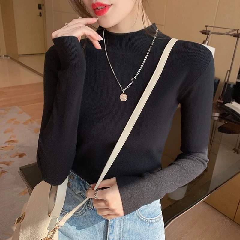 针织衫女半高领打底衫内搭秋季新款高级感中领上衣