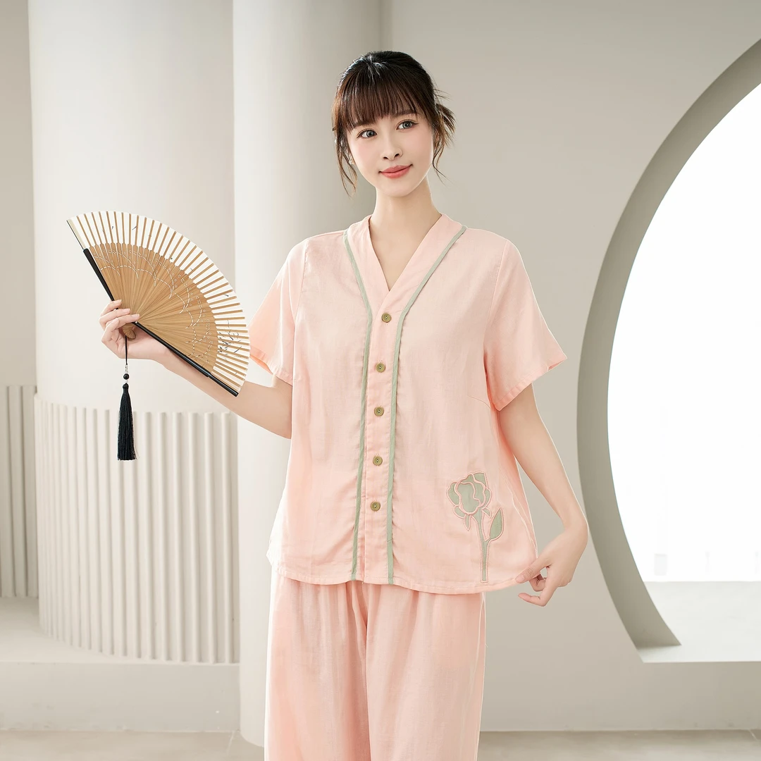 国风睡衣玫瑰刺绣家居服套装