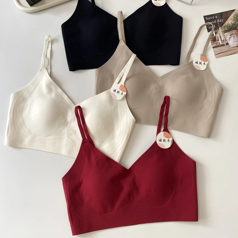 安可拉红磨毛无痕美背内衣女秋冬暖肤衣兔耳朵超薄杯文胸一体薄绒
