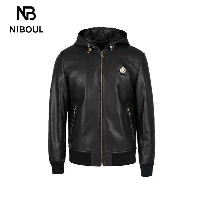 欧度NIBOUL/尼渤印花连帽设计师山羊皮革压花男 时尚黑色秋季7895