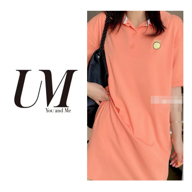 【U.M】翻领柠檬刺绣T恤裙大码显瘦休闲