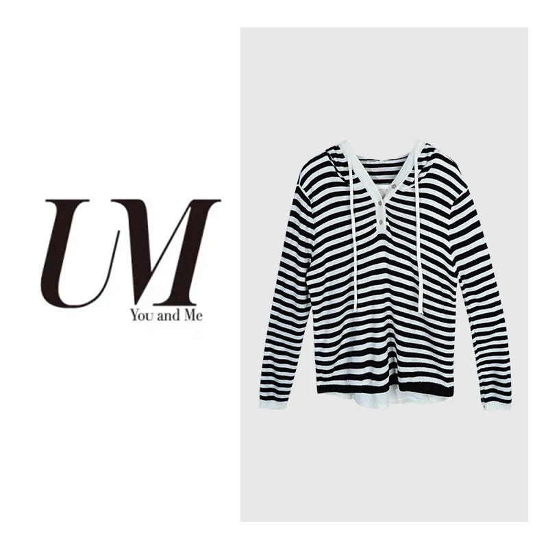 【U.M】连帽抽绳假两件针织衫