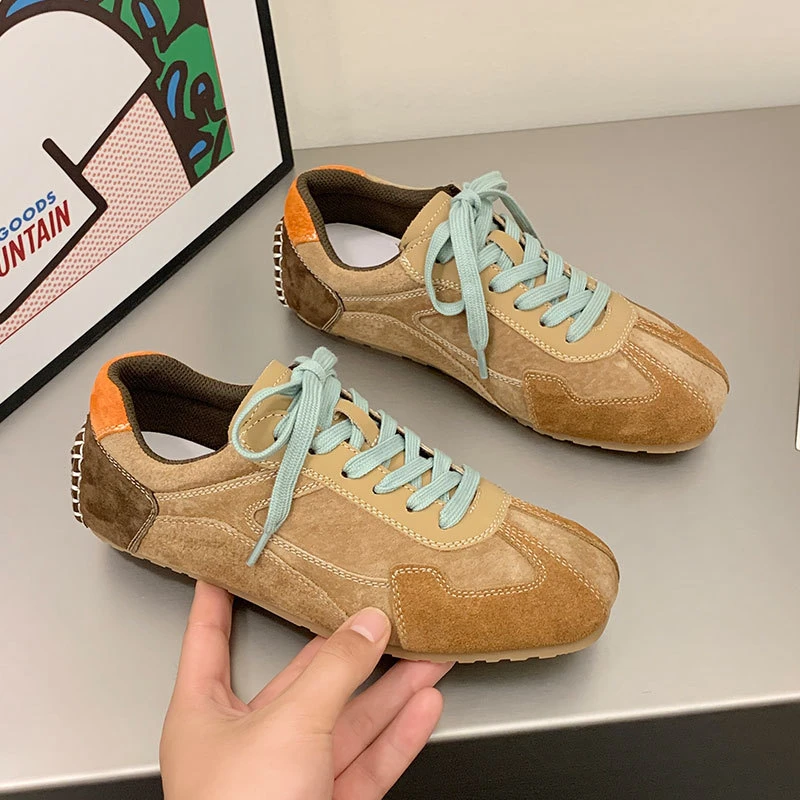 超软底~磨砂真皮平底德训鞋女2024秋拼色复古百搭休闲运动阿甘鞋
