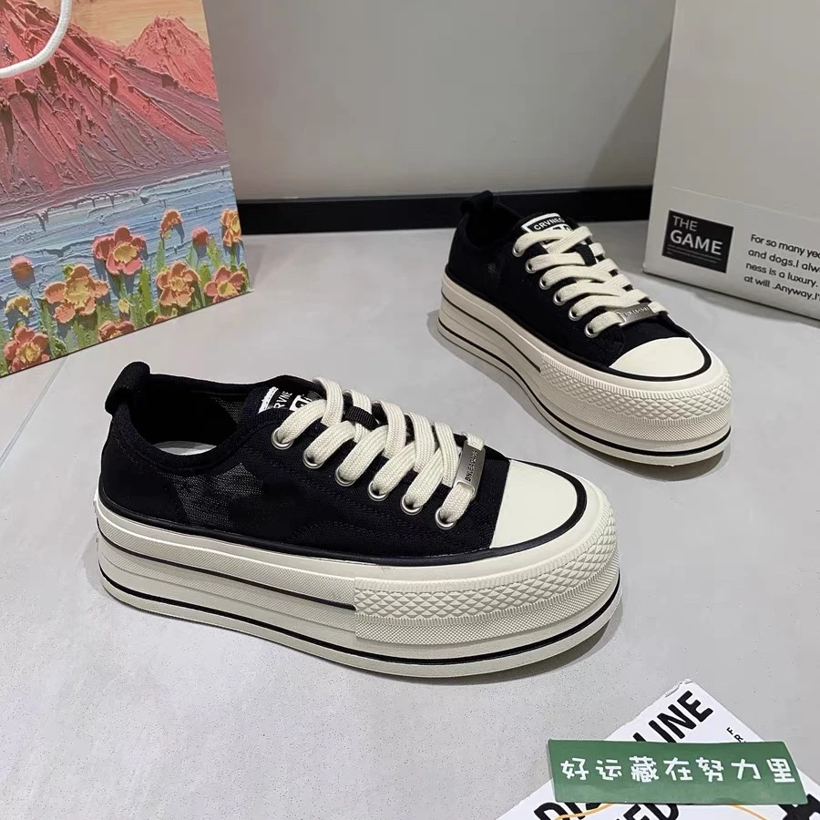 APLENTY5CM韩版网纱小白鞋圆头厚底运动百搭休闲板鞋厚底真皮网面