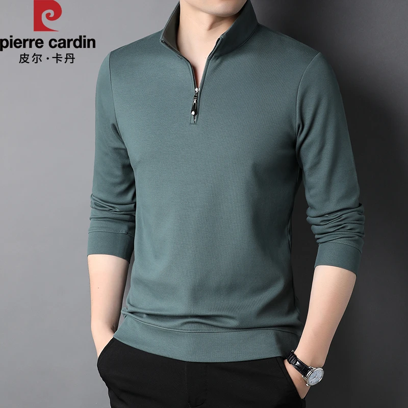 皮尔卡丹男士半高拉链立领卫衣宽松长袖内搭上衣中年休闲t恤卫衣