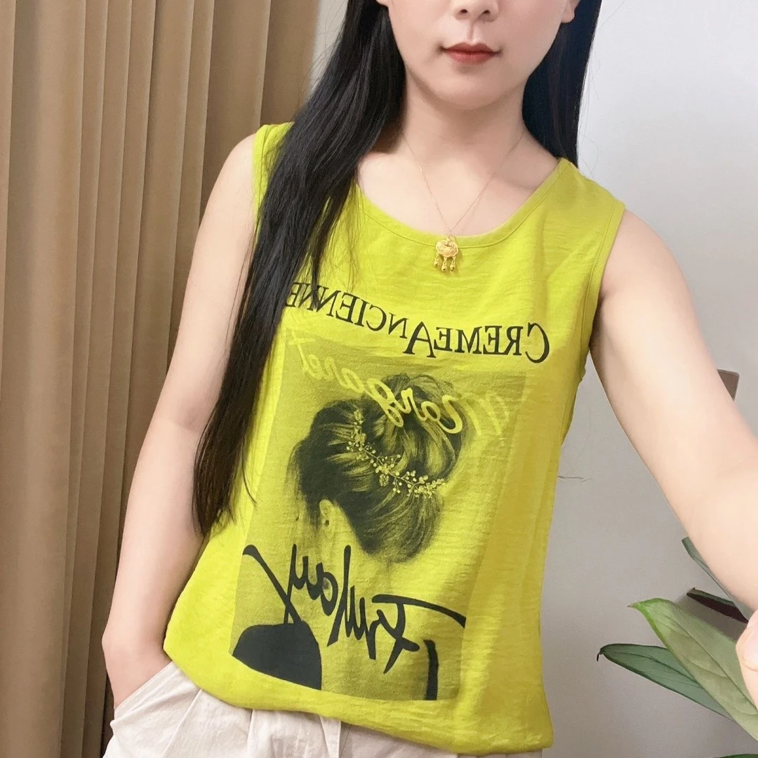 夏季冰麻褶皱无袖背心2024韩版圆领印花印图宽松休闲上衣外穿