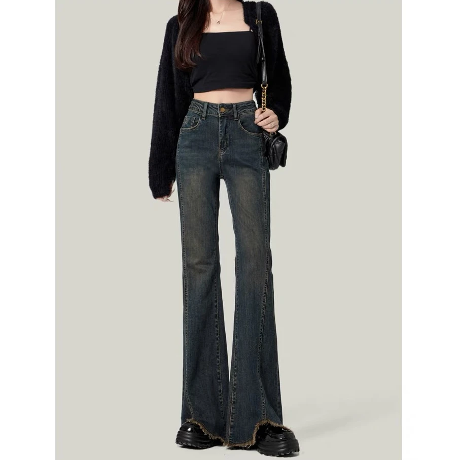 高腰微喇叭牛仔裤女2024年秋季新款紧身锁边显瘦马蹄裤子弹力修身