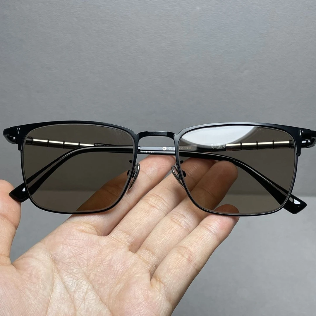 商务款男士茶水晶太阳镜纯钛镜框高清老料400弯镜片全框石头镜