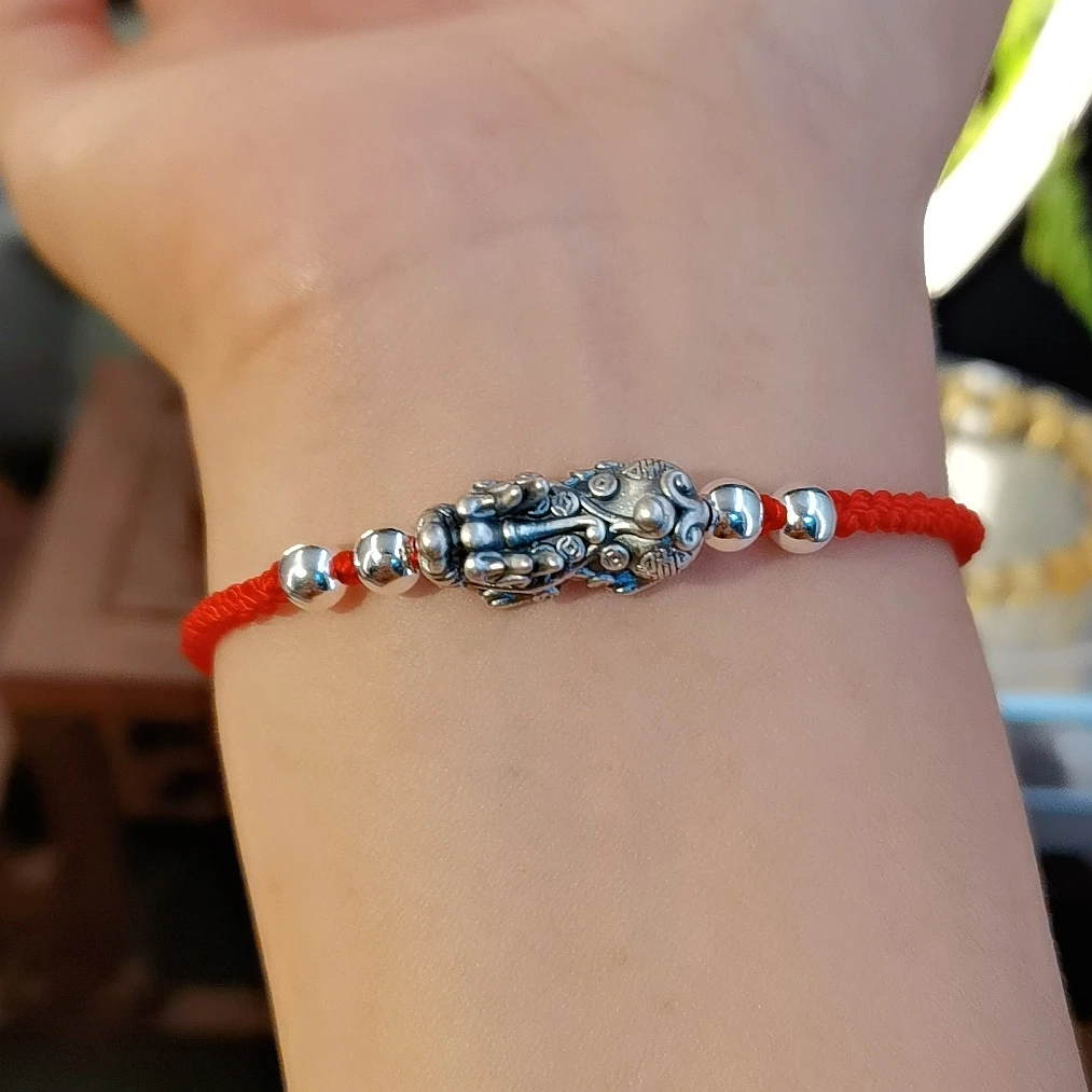 s999足银貔貅玛瑙扣纯手工红绳本命年财财手绳男女士情侣款2188