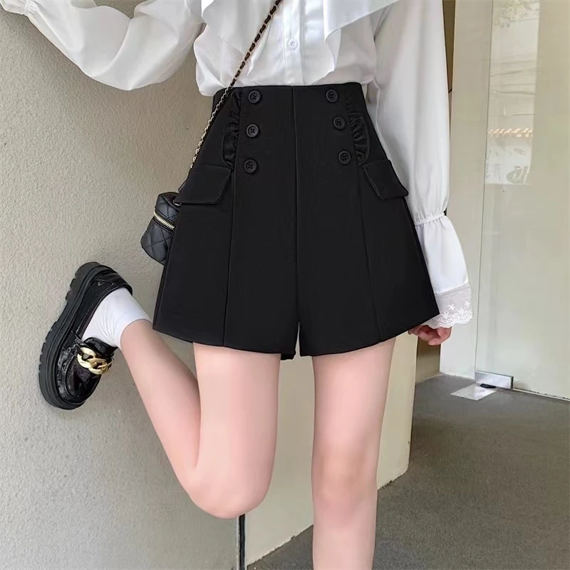 春夏季新款黑色大码胖mm小扣飞边西服短裤显瘦高腰外穿宽松时尚