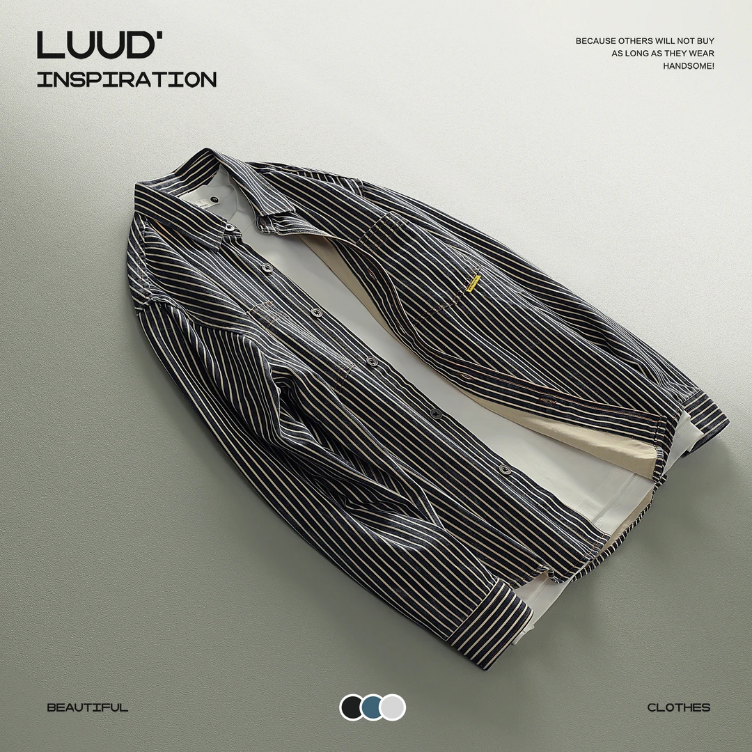 【断码五折】撞色条纹长袖衬衫男潮流痞帅百搭双贴袋外搭叠穿衬衣