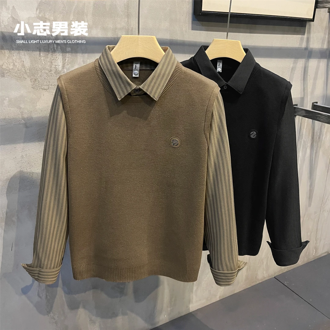 韩版轻奢气质款拼接假两件翻领针织衫胸口小标秋冬外穿修身上衣男