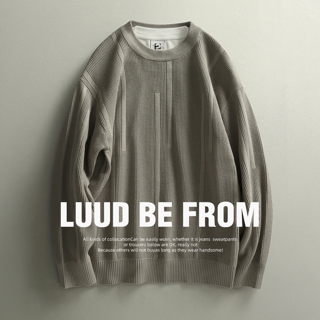 【断码五折】简奢条纹提花毛衣男潮流罗纹底摆长袖针织衫净色套头衫