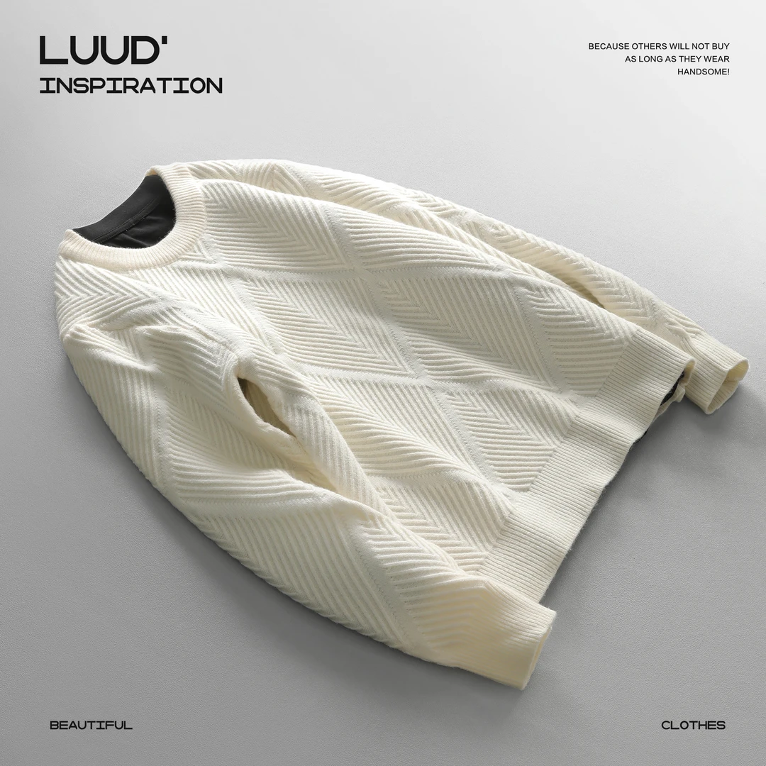 【断码五折】菱形格圆领毛衣男坑条纹理慵懒针织衫韩系轻奢套头上衣