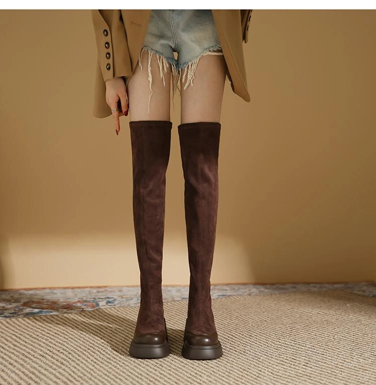 气质新款超长过膝靴女方头厚底长靴韩版洋气时尚靴子高跟瘦瘦靴女