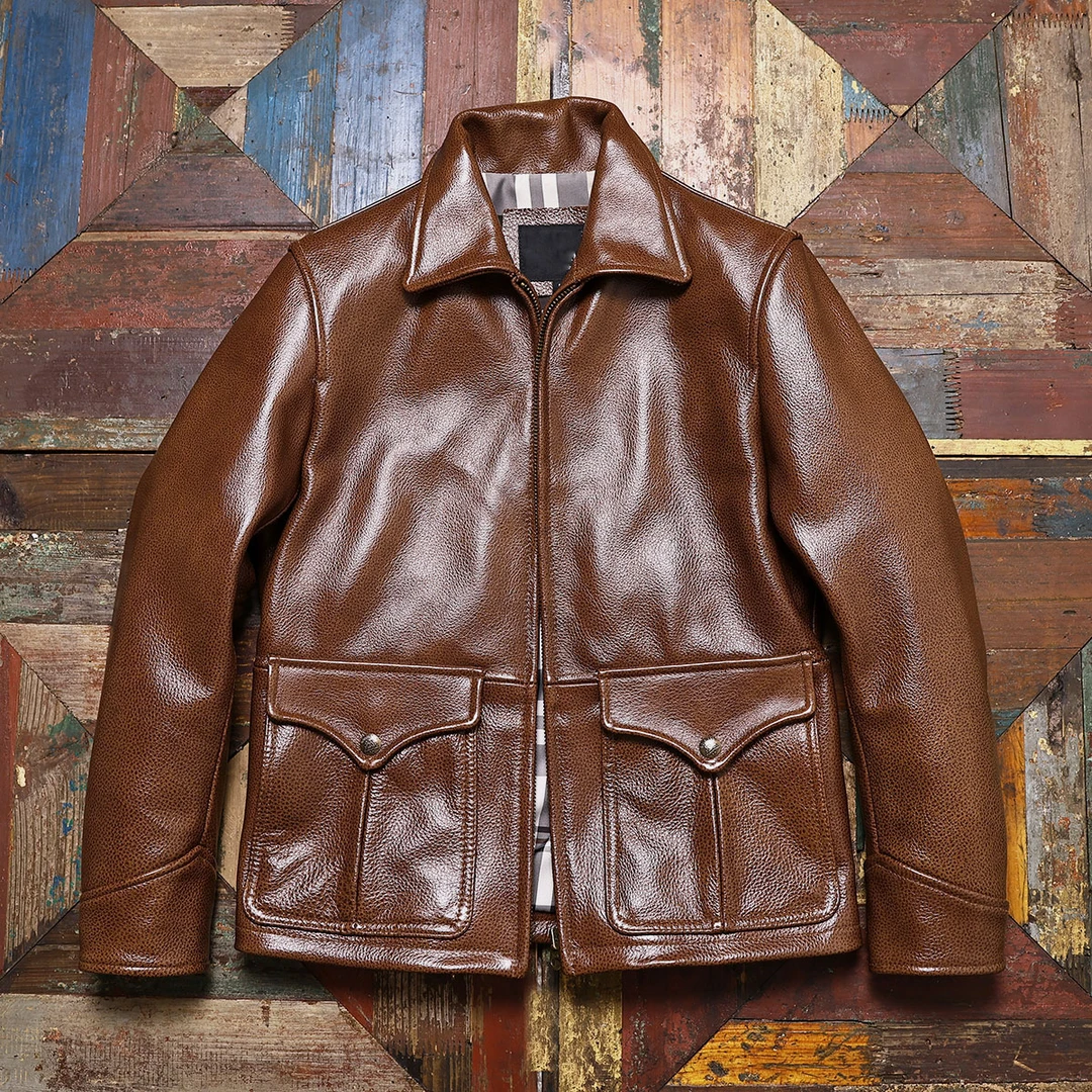 1.5厚度宽松夹克头层牛皮真皮皮衣男士翻领短款百搭休闲