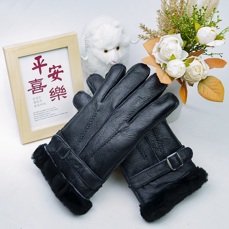 男士真皮加厚保暖冬季女款黑色皮毛一体手套分指