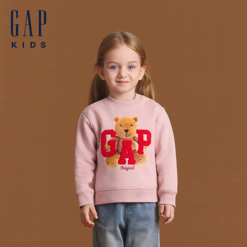 Gap男女幼童2024秋冬新款小熊毛巾绣logo重磅抓绒保暖卫衣606608