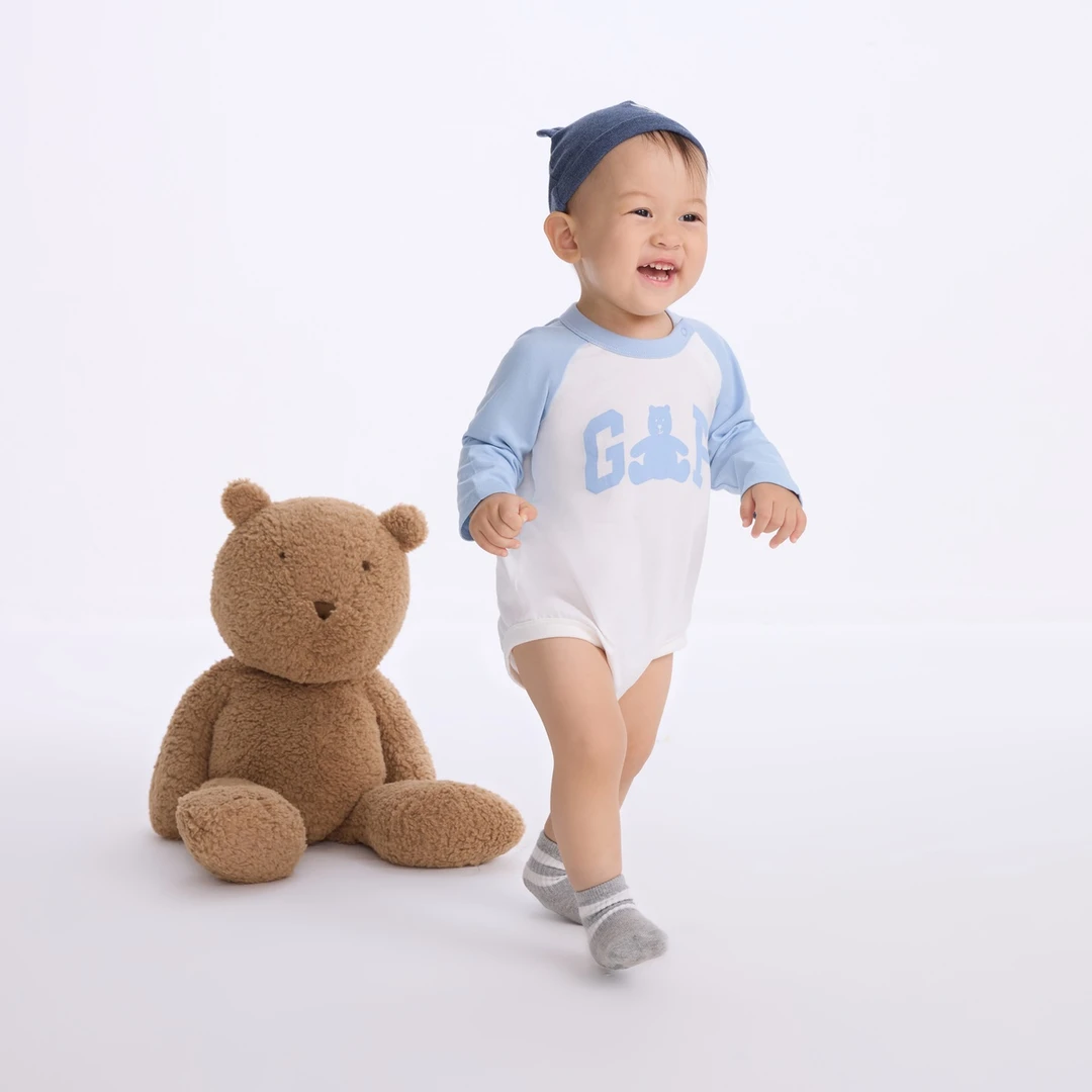 Gap婴儿2024年初秋新款纯棉小熊撞色长袖连体衣儿童装爬服642922