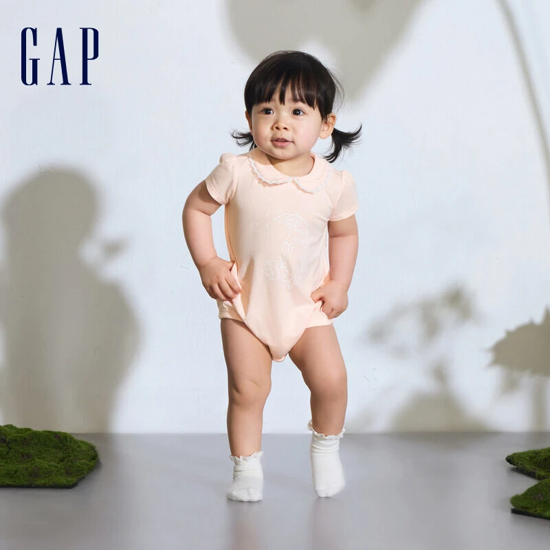 Gap婴儿2024夏季新款花边娃娃领印花短袖连体衣婴儿包屁衣890480