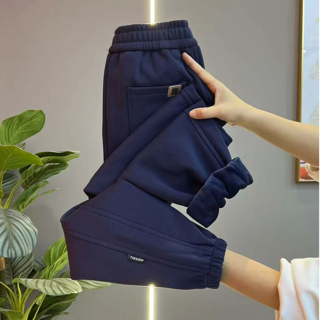 2024加绒加厚一体绒女裤高端保暖裤子休闲运动束脚收口卫裤女秋冬