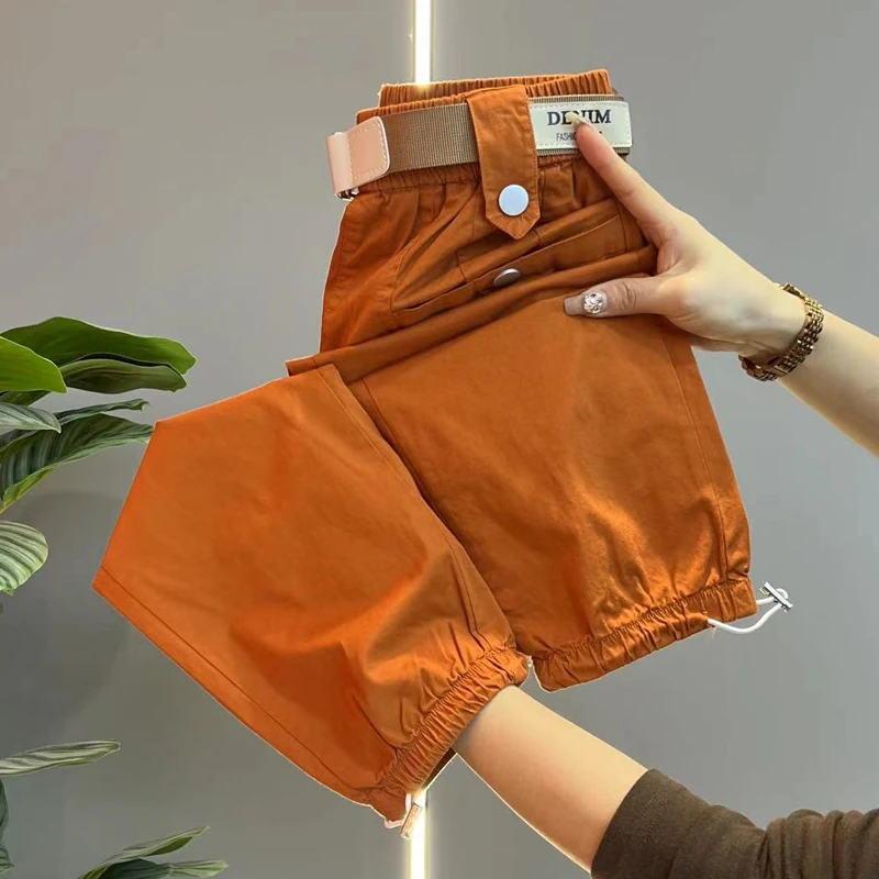 欧货休闲裤女2024夏季脚口抽绳设计弹力舒适棉带腰带糖果色工装裤