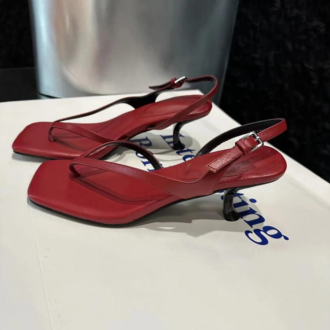 24新款设计感气质夹趾方头细跟时装凉鞋5cm超软耙耙鞋