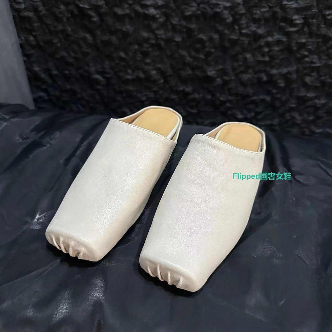 夏季方头猪鼻水洗褶皱复古做旧风格手工皮质穆勒包头拖