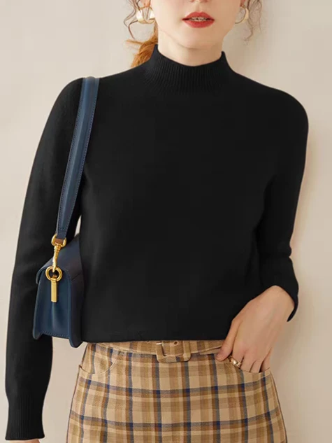 内蒙古100% 山羊绒女式平针半高领单层百搭