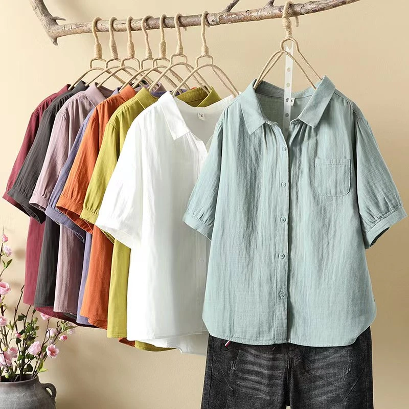 夏季新款纯色双层棉纱短袖衬衫清新文艺百搭休闲宽松显瘦气质上衣