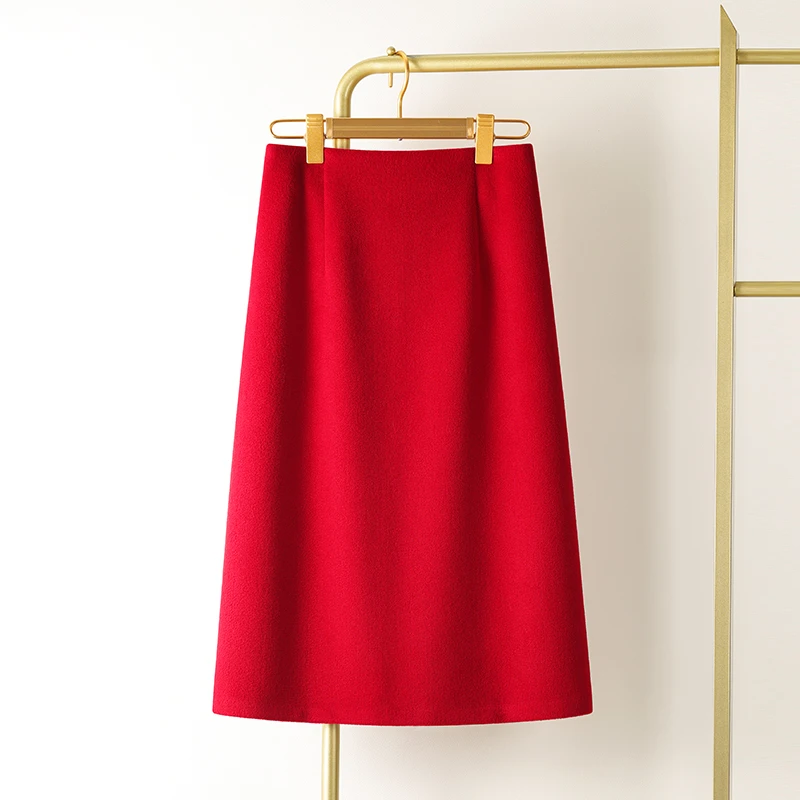 红色毛呢半身裙新款秋冬女冬裙厚款A字裙高腰显瘦一步裙长裙裙子