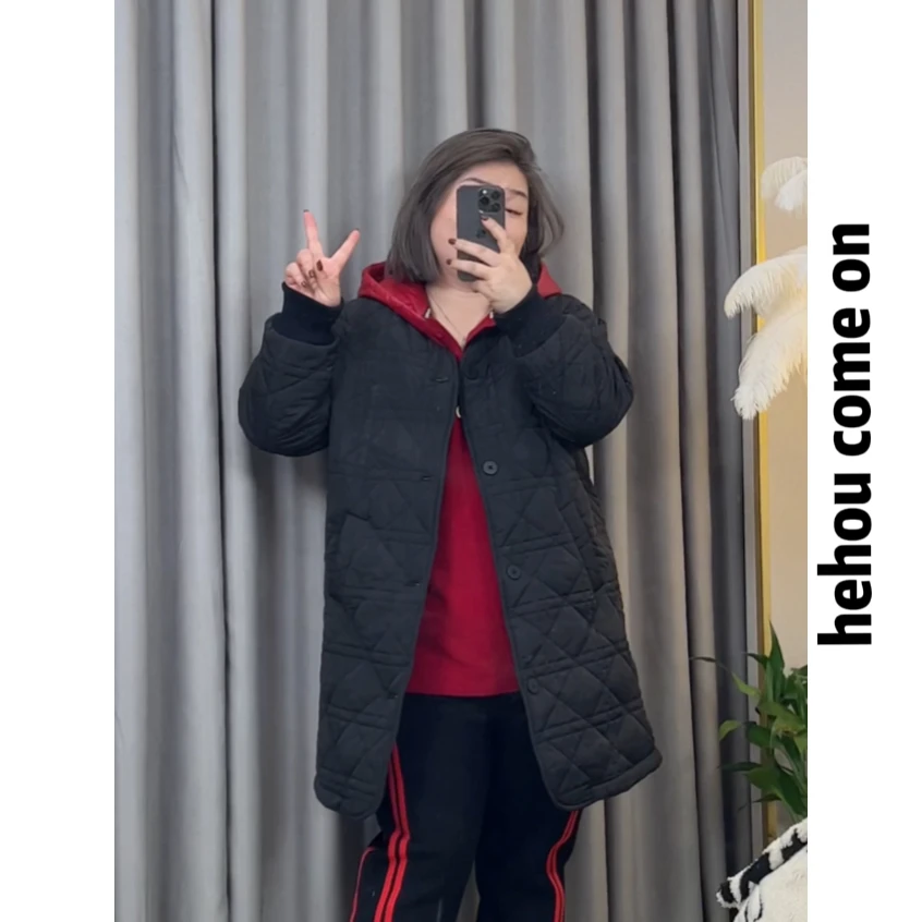 91517 和后品牌 冬季圆领宽松百搭韩版菱形保暖中长款高级感棉服