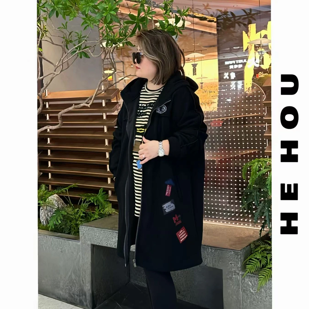 52175 和后大码 秋冬百搭加绒长外套时尚百搭连帽潮流宽松外套