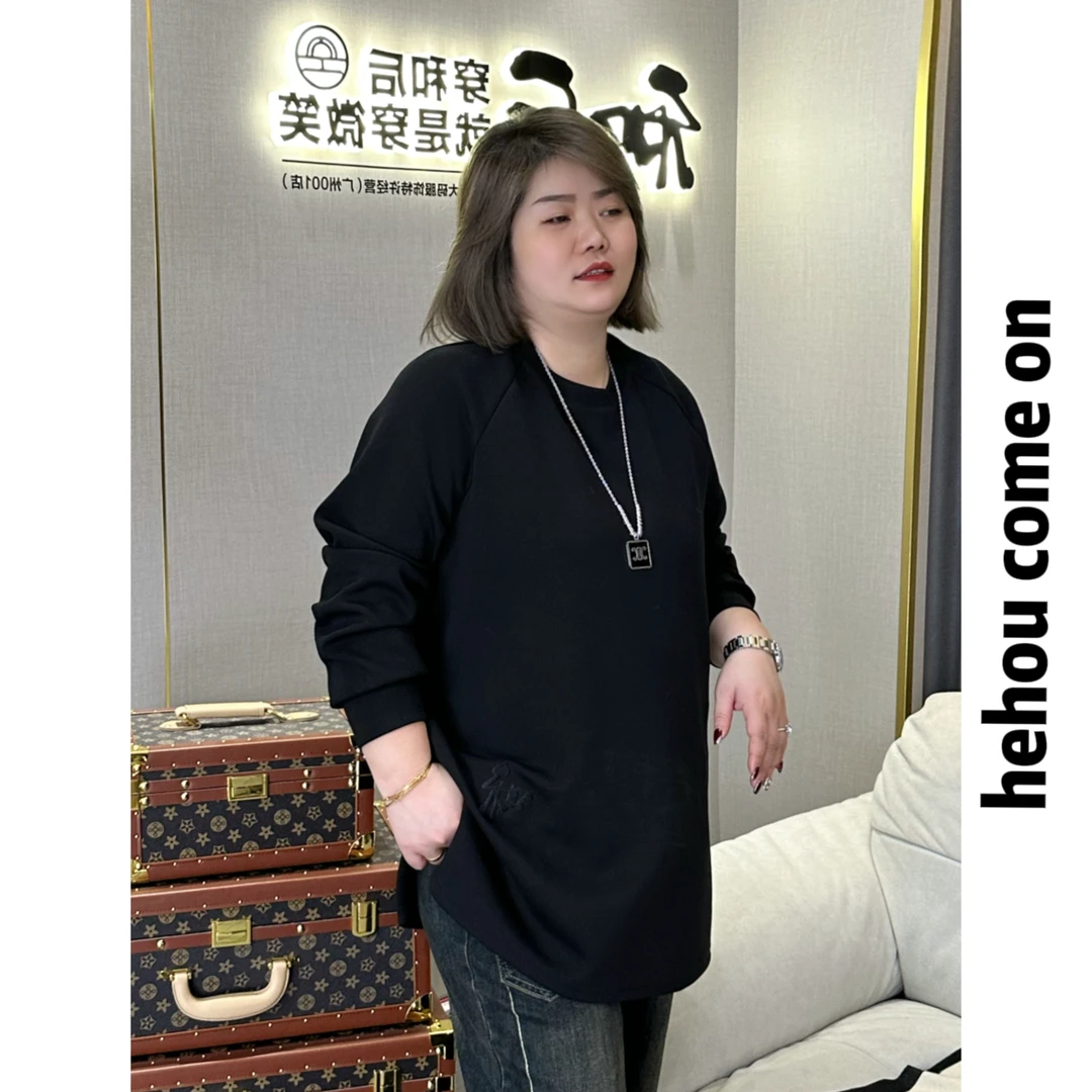 91586 和后大码 春秋纯色百搭设计感时尚运动中长款潮流休闲卫衣